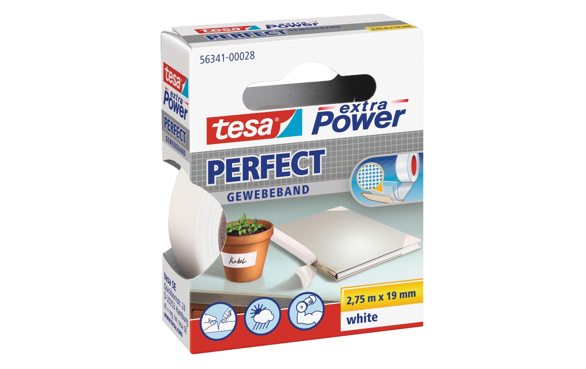 TESA Gewebeband extra Power Perfect – permanent, 19 mm × 2,75 m, weiss