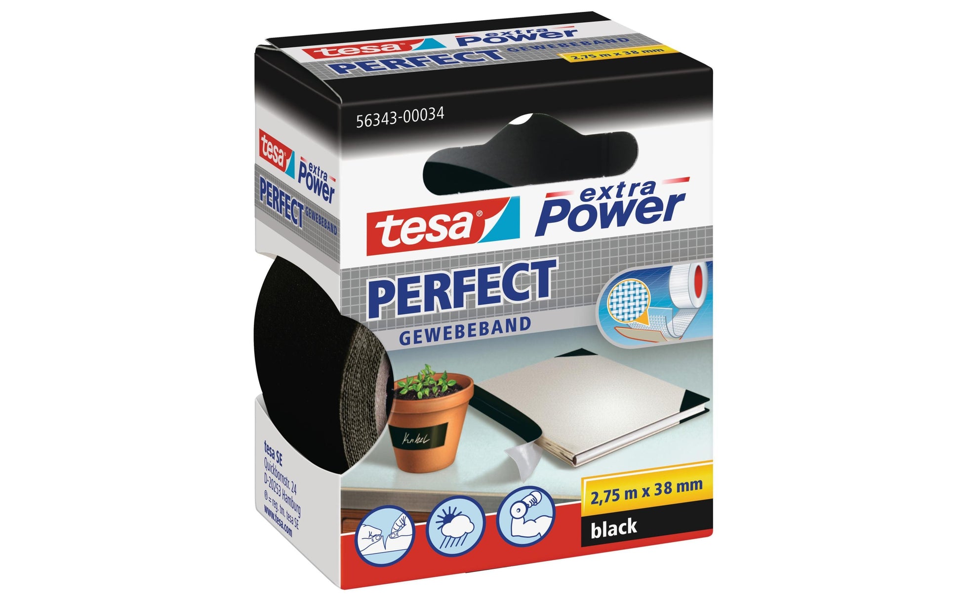 TESA Verpackungsband – permanent, strukturiert, Zellwollgewebe, 38 mm × 2,75 m, schwarz, Kern Ø 26 mm