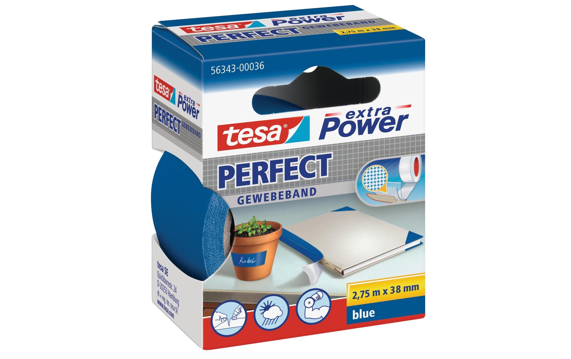 TESA Verpackungsband – permanent, strukturiert, Zellwollgewebe/Kunststoff, 38 mm × 2,75 m, blau, Kern Ø 26 mm