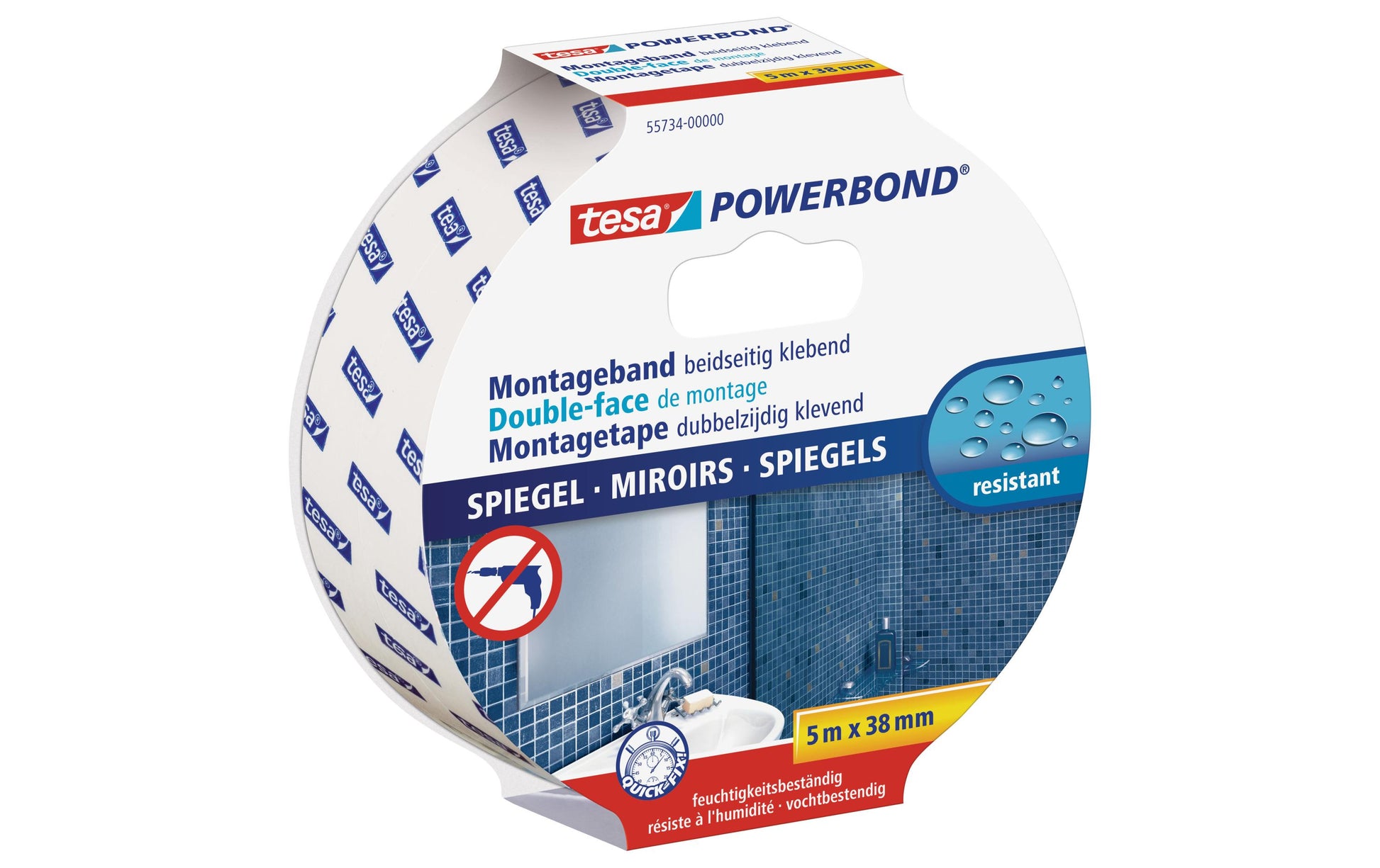 Tesa Powerbond Montageband, für Spiegel – 38 mm × 5 m, weiss