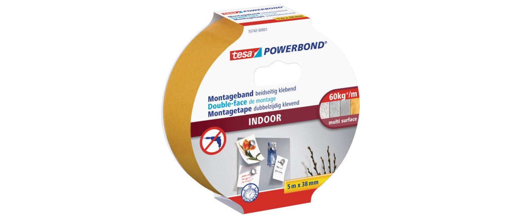 Tesa Powerbond Montageband, stark, für den Innenbereich, für glatte Oberflächen – 38 mm × 5 m, weiss, bis 5 kg/10 cm