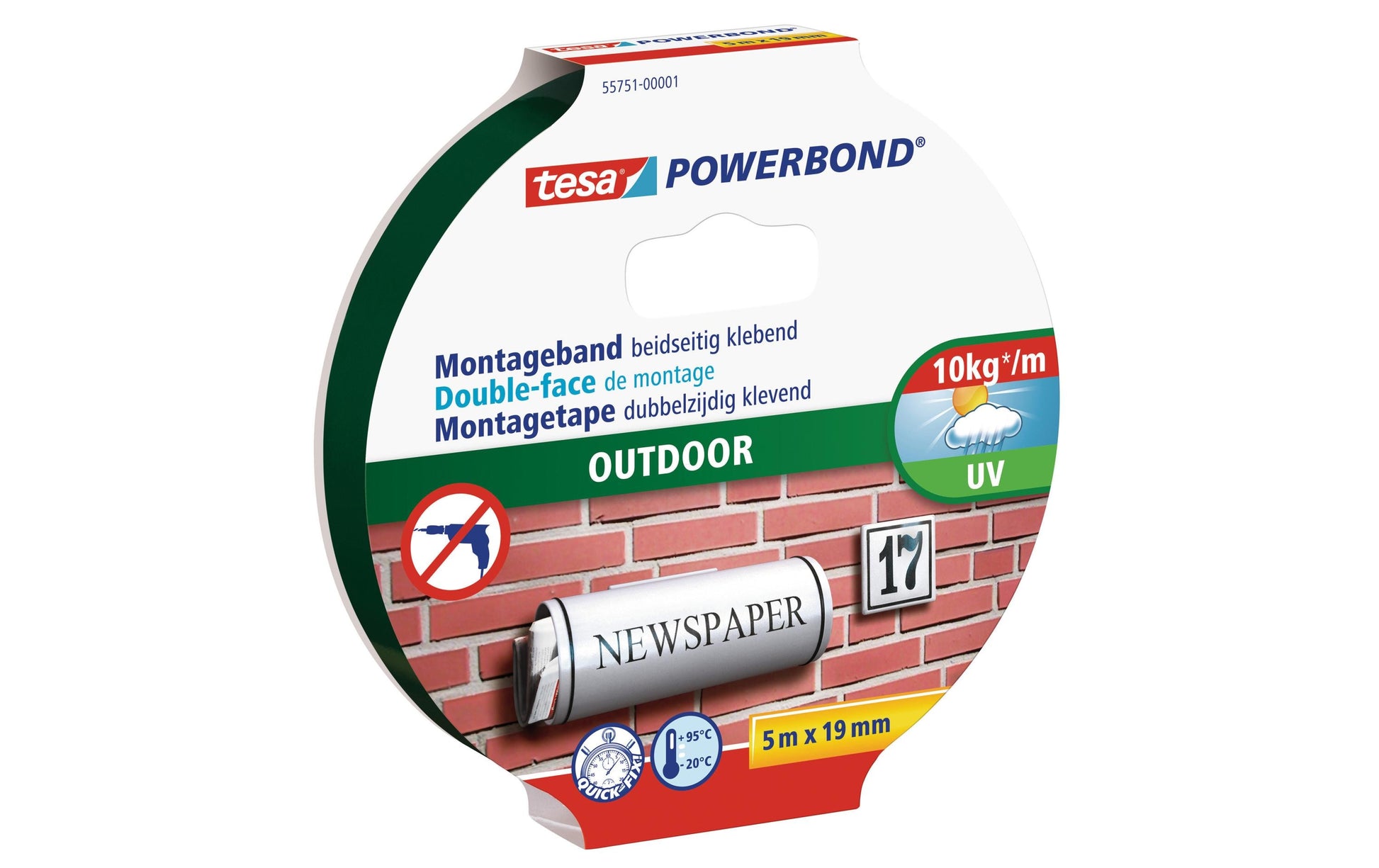Tesa Powerbond Montageband, stark, für Aussen, für glatte Oberflächen – 19 mm × 5 m, weiss, bis 1 kg/10 cm
