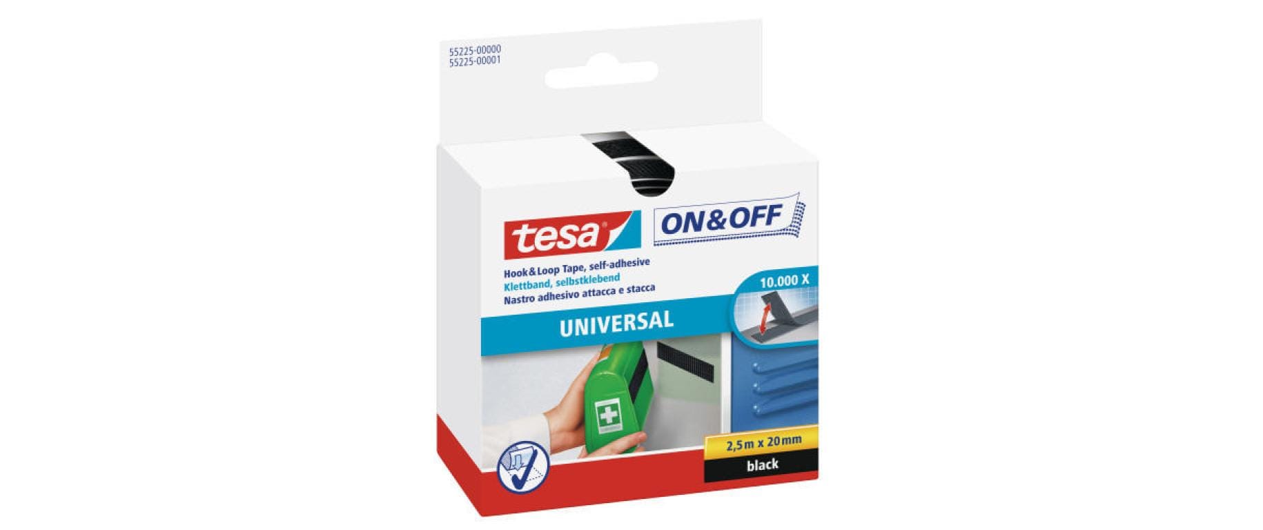 TESA Klettband – permanent, 20 mm × 2,5 m, schwarz
