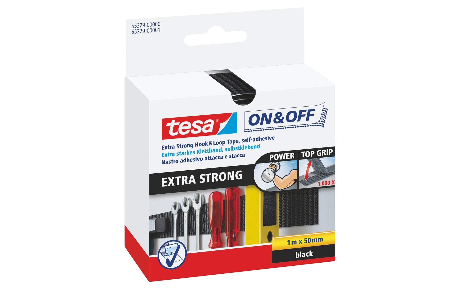 tesa Klettband On Off extra stark – selbstklebend, Kunststoff, 50 mm × 1 m, schwarz