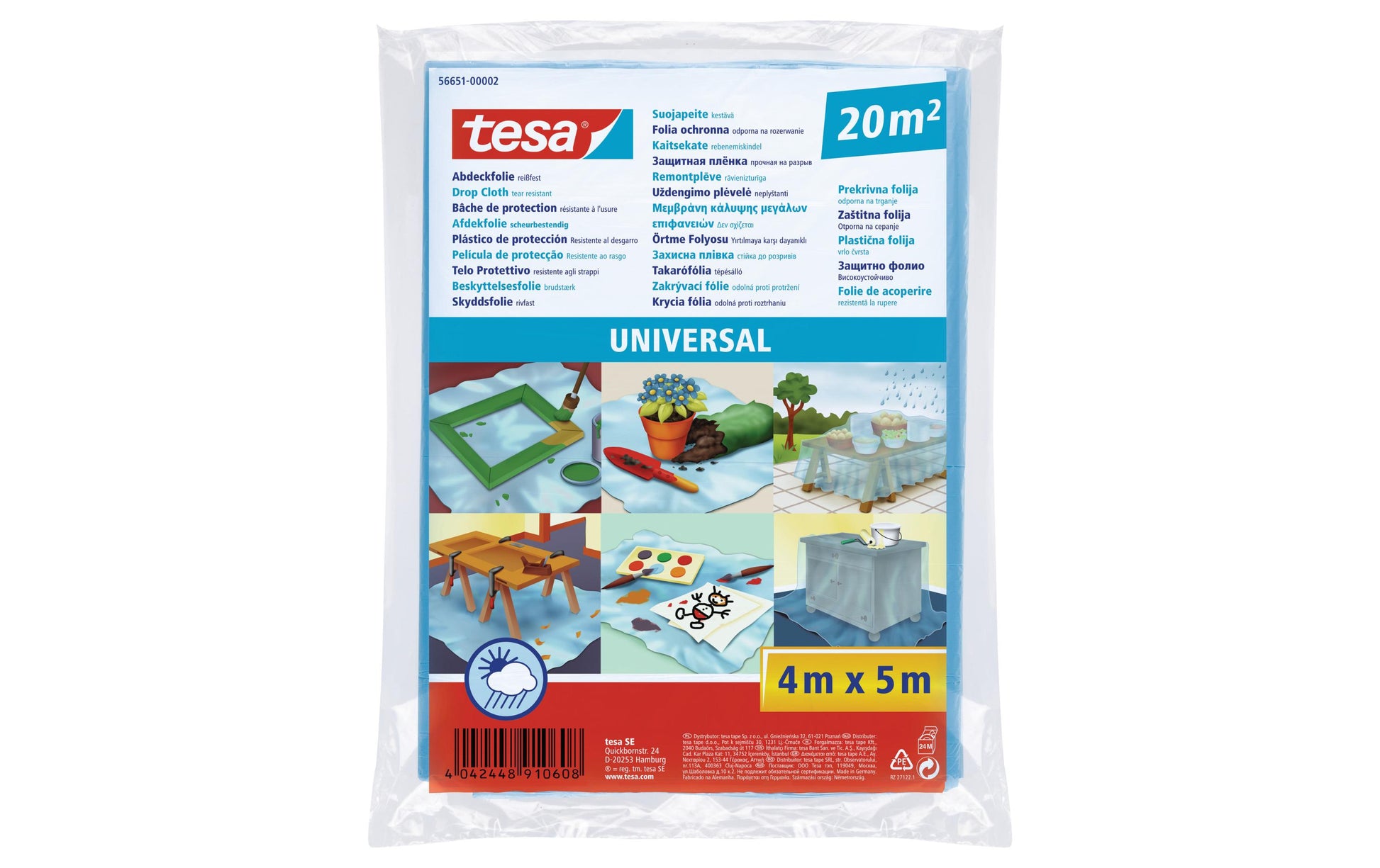 tesa Abdeckfolie Universal – Rolle 4 m × 5 m, Polyethylen, Transparent