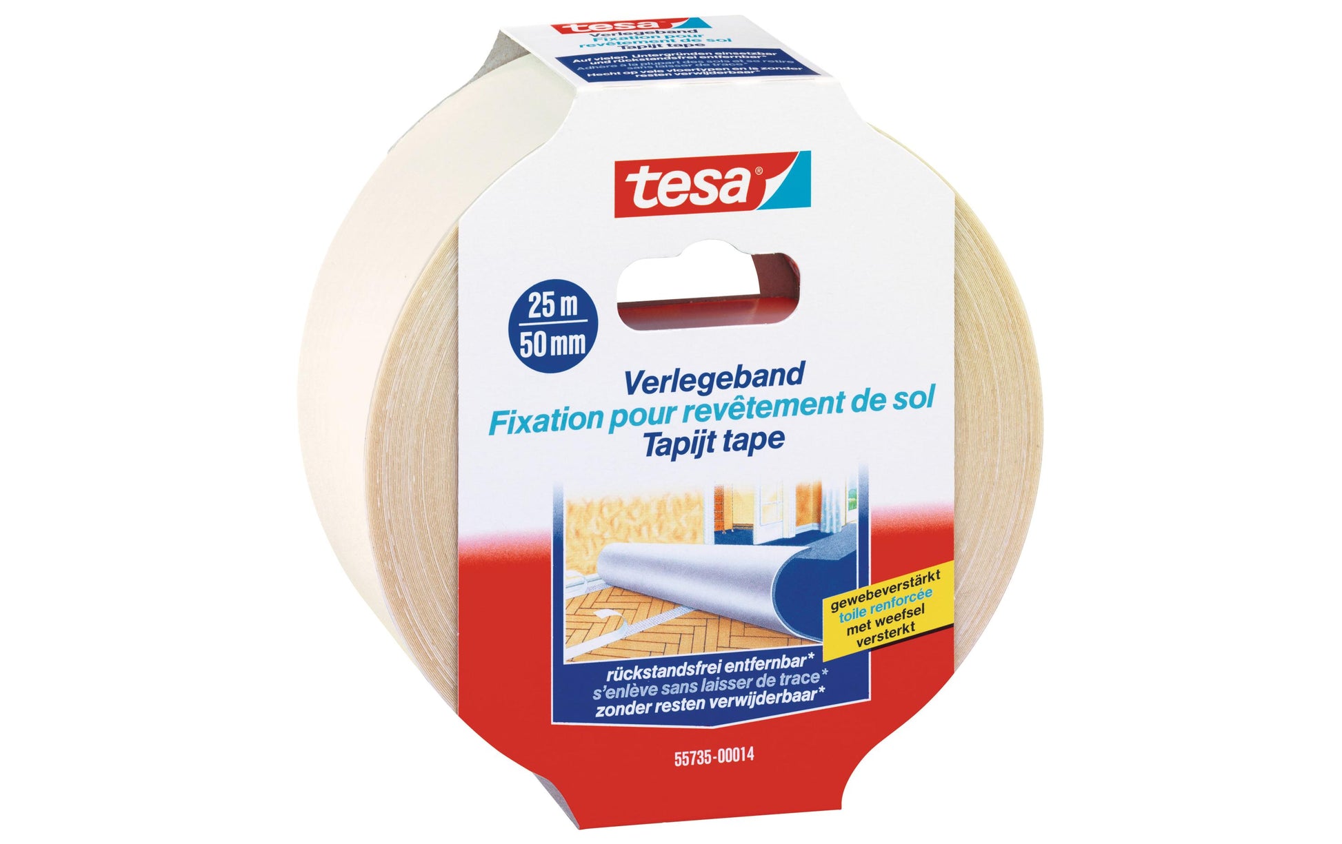 Tesa Teppichklebeband Rückstandsfrei entfernbar, für glatte Oberflächen – 50 mm × 25 m, Weiss