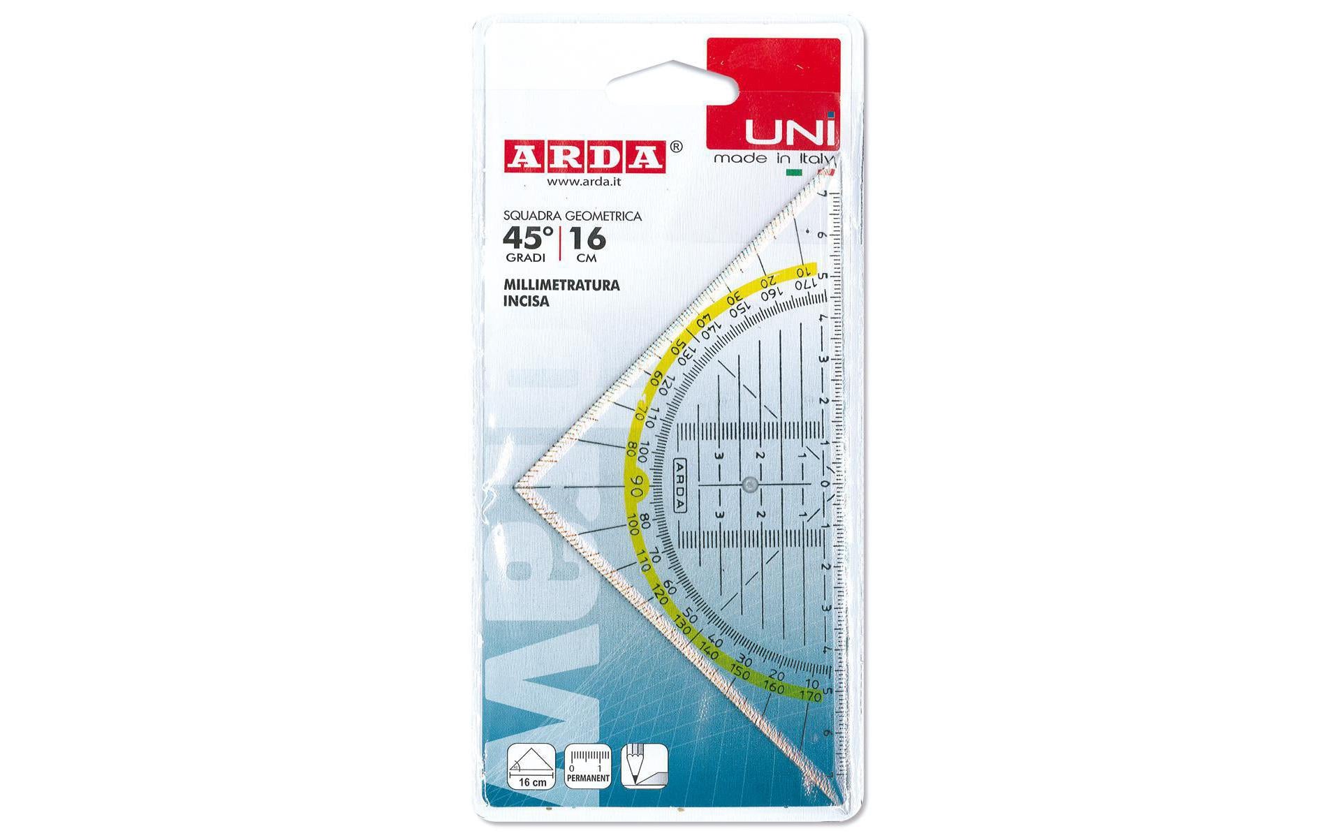 ARDA Wandtafel-Geodreieck – 16 × 16 cm, Kunststoff, transparent, Skalenfarbe schwarz
