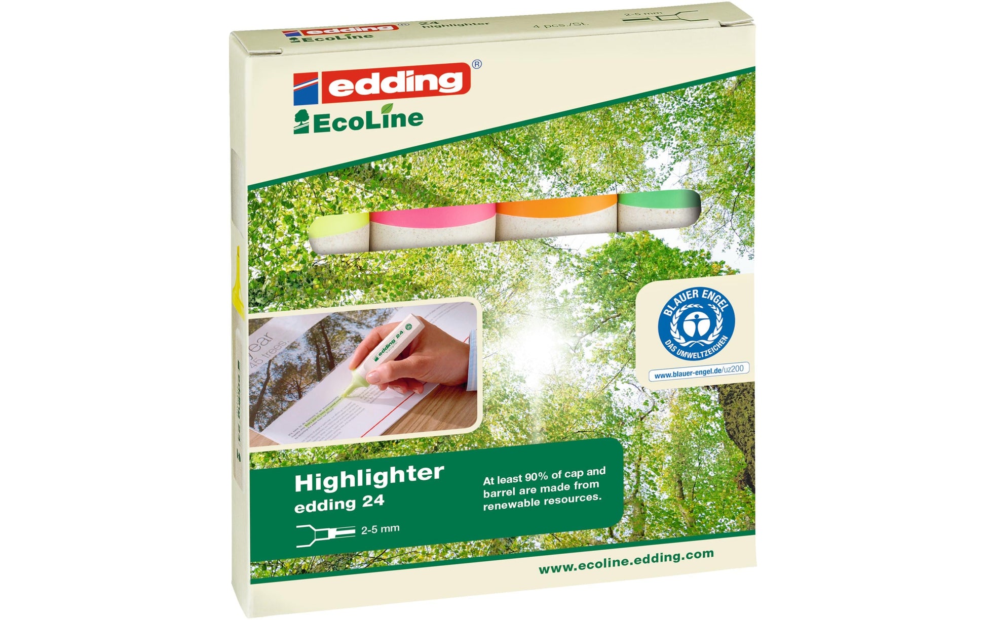 Edding 24 EcoLine Textmarker Set 4 Farben – Keilspitze, 2–5 mm, nachfüllbar, Blauer Engel