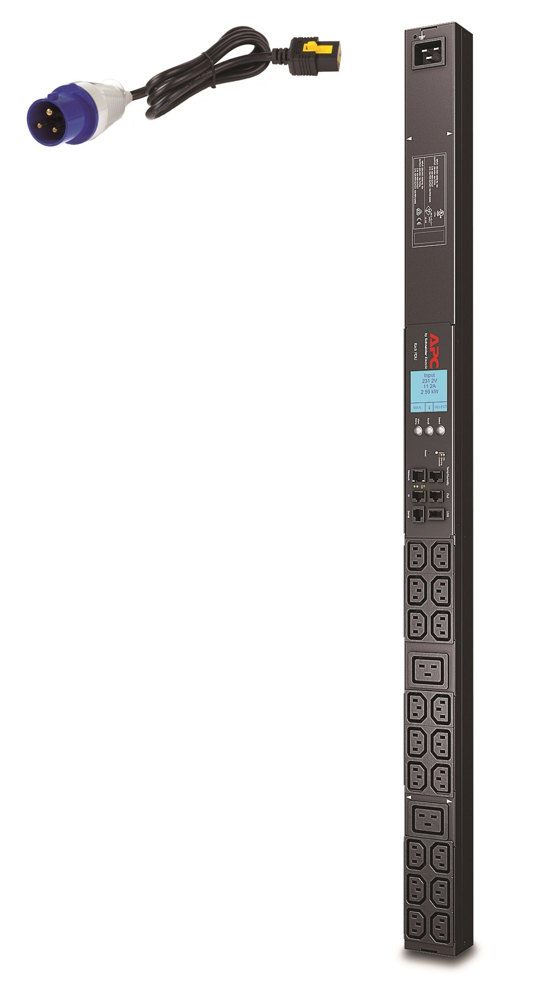 APC Rack-PDU – Überwacht, 1-ph, Senkrecht 0U, 16 A 230 V, 18×C13 + 2×C19, IEC 60309, 3 m
