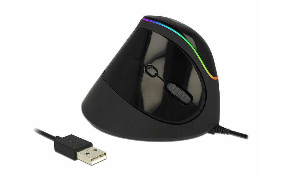DeLOCK 12597 Ergonomische Maus – kabelgebunden, vertikal, RGB-Beleuchtung, Daumentaste, schwarz