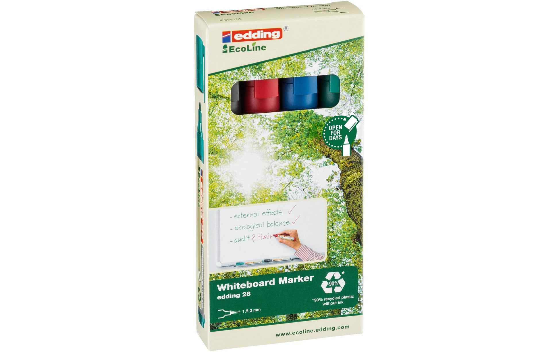 Edding Whiteboard-Marker 28 EcoLine – Rundspitze 1,5-3 mm – Sortiert – 4er-Set – Trocken abwischbar