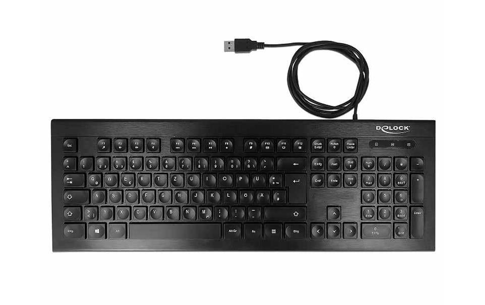 DeLOCK Tastatur, kabelgebunden (USB-A), DE-Layout (DE), Fullsize (mit Ziffernblock), Schere, Schwarz