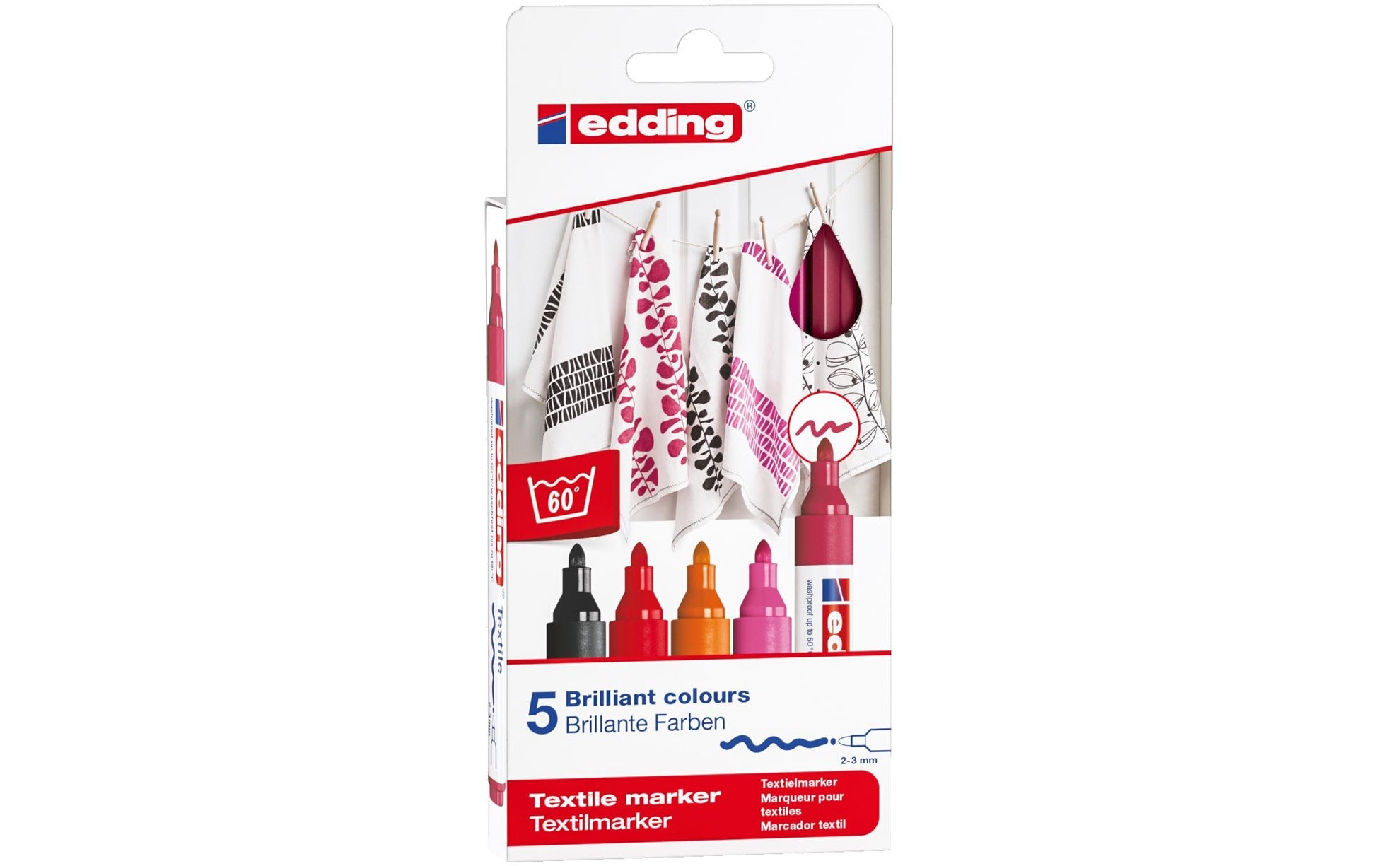Edding Textilmarker für Textilien – sortiert, 5er Set