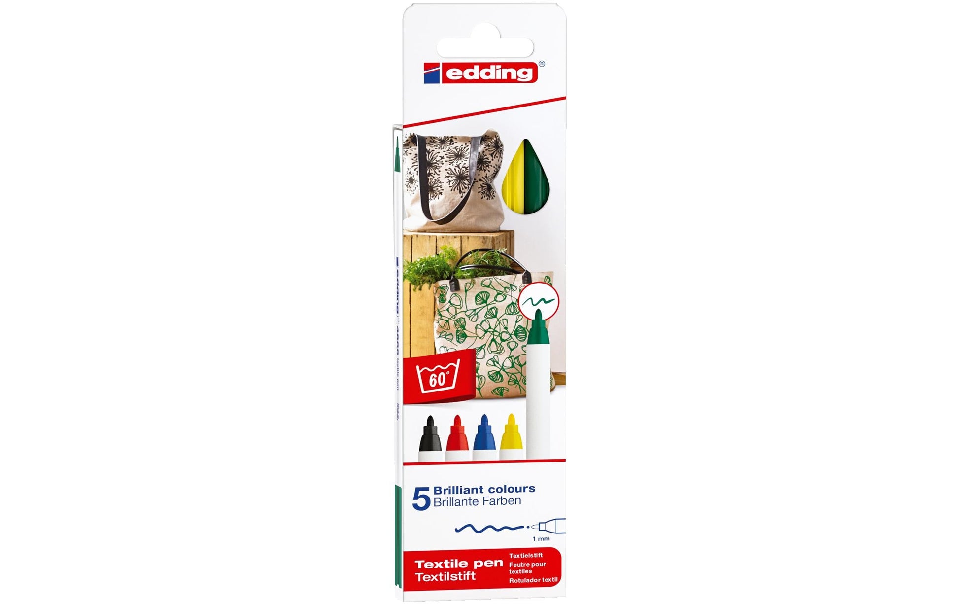 Edding Textil Marker – schwarz, rot, blau, gelb, grün, 5er Set