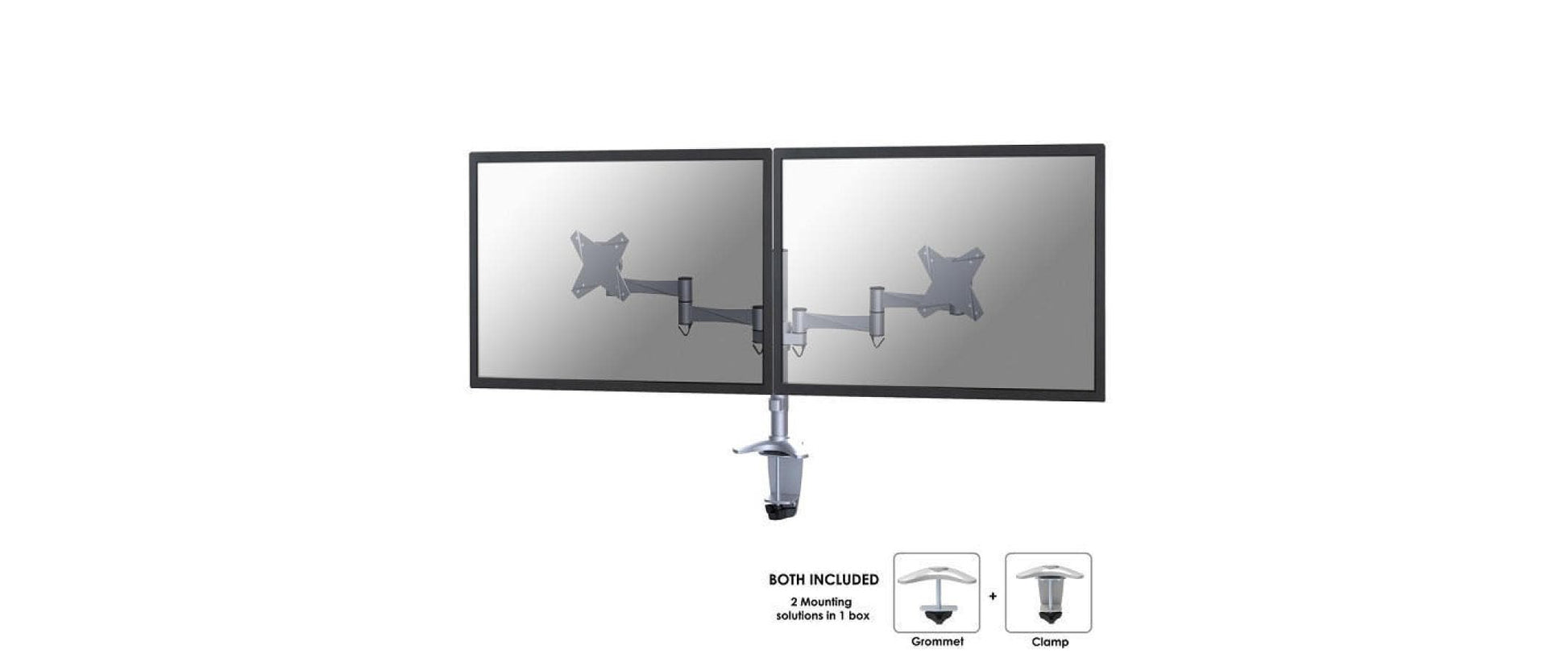 Neomounts Monitorarm, Dual, Tischklemme/Tischdurchführung, bis 27", VESA 75 × 75/100 × 100 mm, 9 kg, silber