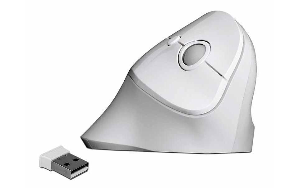 DeLOCK 12596 Ergonomische Maus – kabellos, 2,4 GHz, USB-A, für Rechtshänder, vertikal, Ein-/Ausschalter, weiss