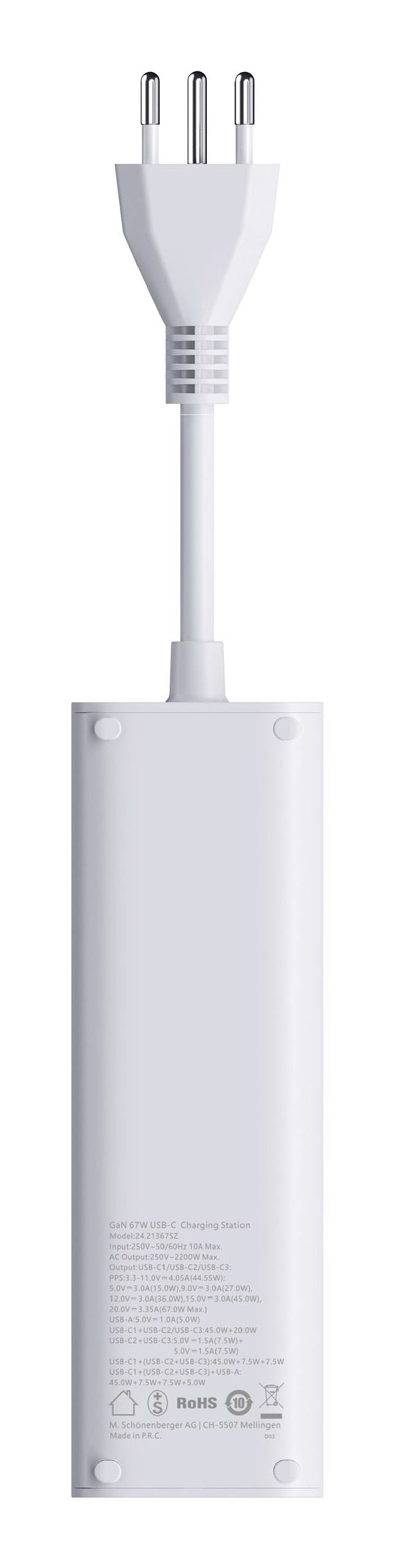 M. Schönenberger 24.21367WS USB-Desktop-Ladegerät 2300 W – USB-C×3, Micro-USB×1 – PD 3.0, QC 3.0, GaN – Weiss