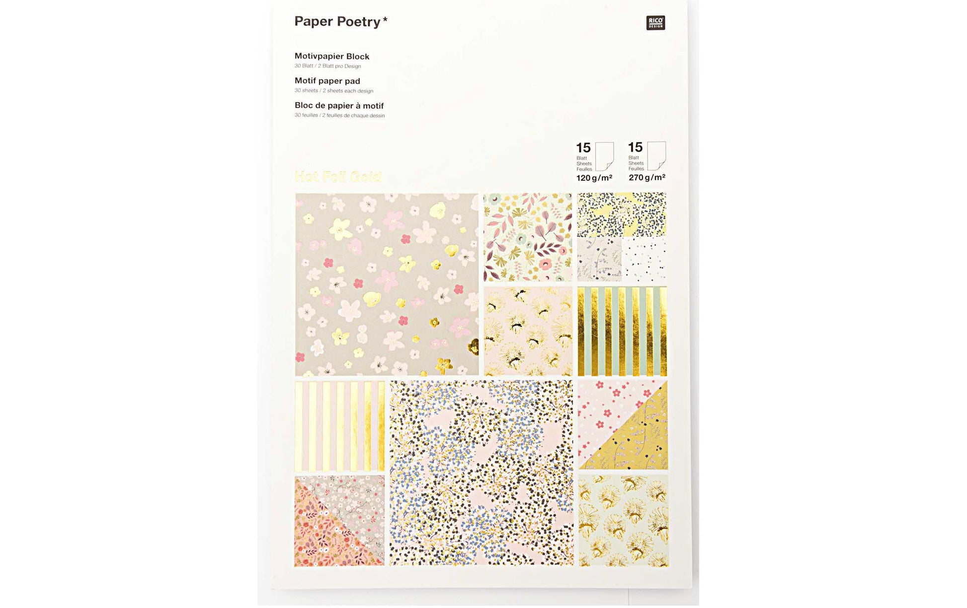 Rico Design Designpapierblock – 21 × 30 cm, mehrfarbig, 120 g/m² – 30 Blatt