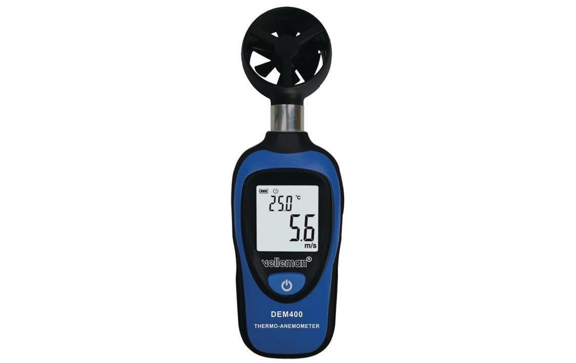 Velleman DEM400 – Windmesser – 0,3–45 m/s, −30–60 °C, LCD, 9 V Batterie, Blau