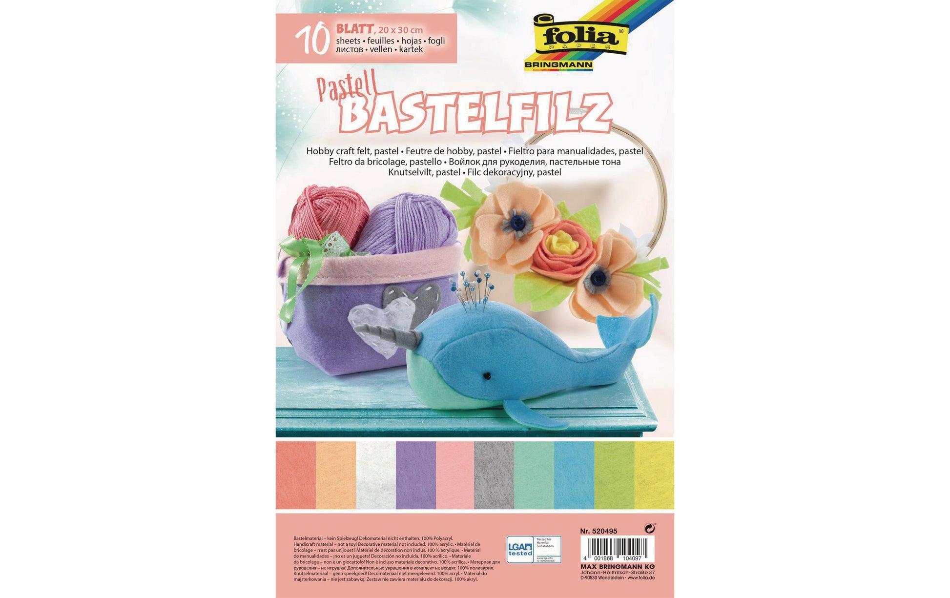 Folia Dekostoff, Bastelfilz, Pastell, 20 × 30 cm, 150 g/m², 520495