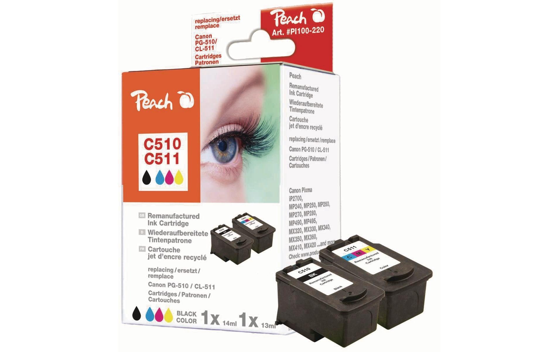 Peach PG-510/CL-511 Tintenpatronen-Multipack, Schwarz/Cyan/Magenta/Gelb (Kompatibel) – für Canon MP230/MP280 …