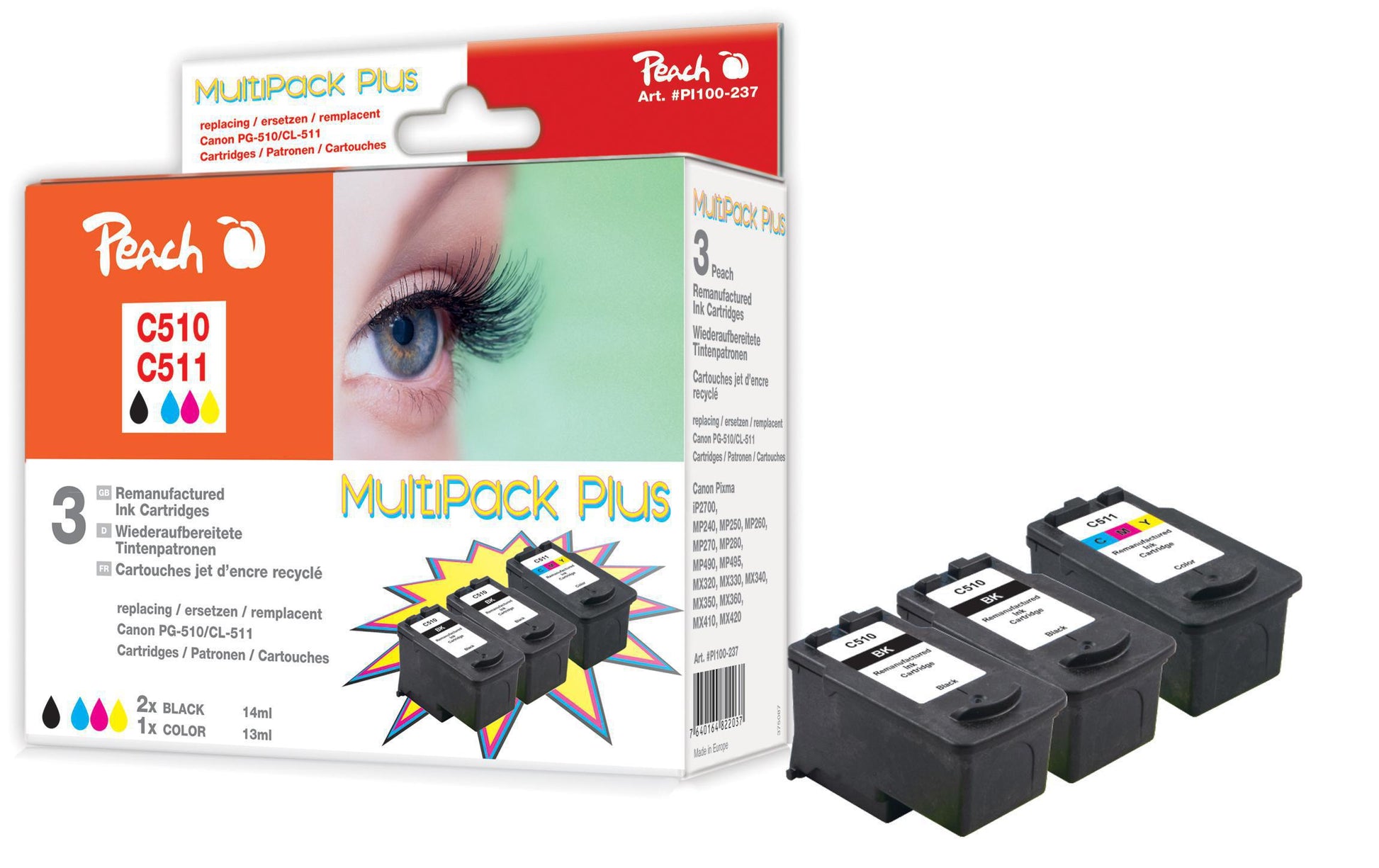 Peach PG-510/CL-511 Tintenpatronen-Multipack, Schwarz/Cyan/Magenta/Gelb (Kompatibel)