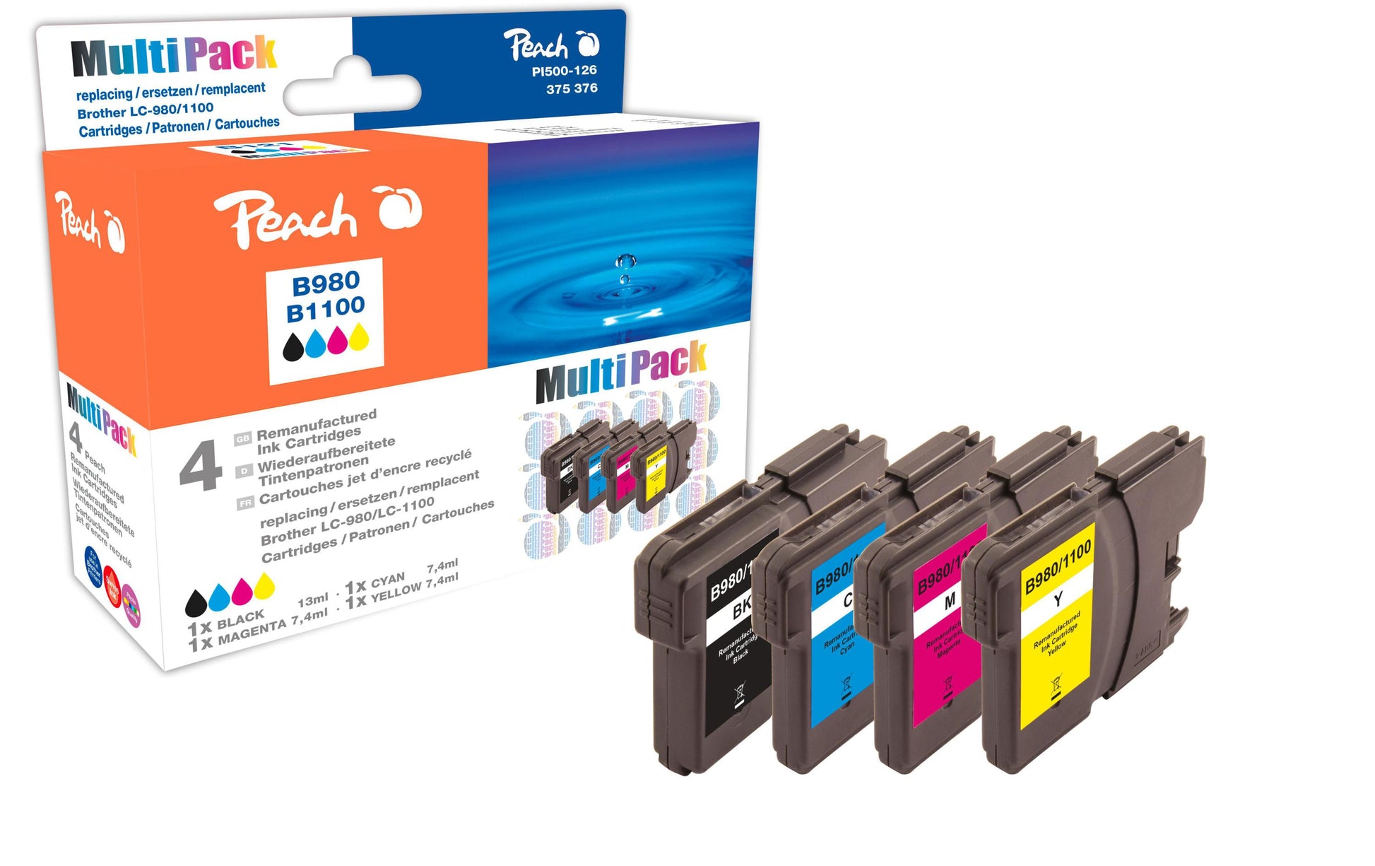 Peach Tintenpatronen-Multipack, Schwarz/Cyan/Magenta/Gelb (Kompatibel) – für Brother LC-1100/980