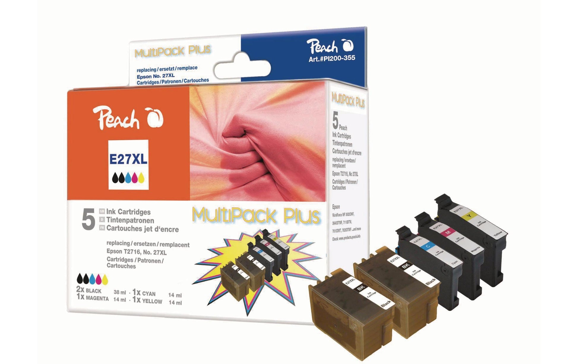 Peach T27 Tintenpatronen-Multipack, Schwarz/Cyan/Magenta/Gelb (Kompatibel) – für Epson WorkForce WF-3600/7600…