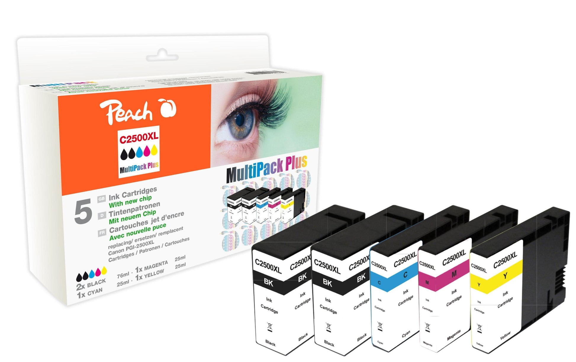 Peach Tintenpatronen-Multipack PGI-2500, 2×76 ml + 3×25 ml – für Canon Maxify MB 5050, MB 5150, MB 5450