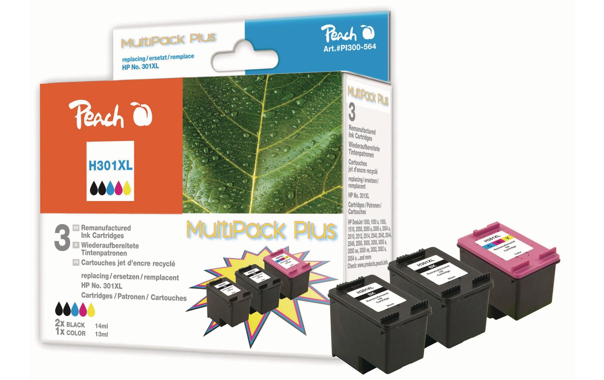 Peach Tintenpatronen-Multipack 301XL (CH563EE/CH564EE), CMYK, XL, 3er-Pack, kompatibel – für HP Envy 4502 und andere