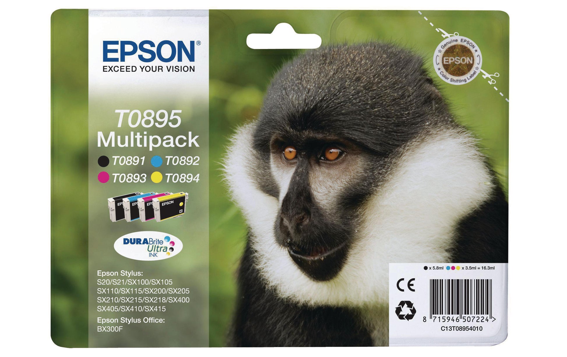 Epson T0895 Tintenpatronen-Multipack, Schwarz/Cyan/Magenta/Gelb (Original) – für Stylus SX415/410/405