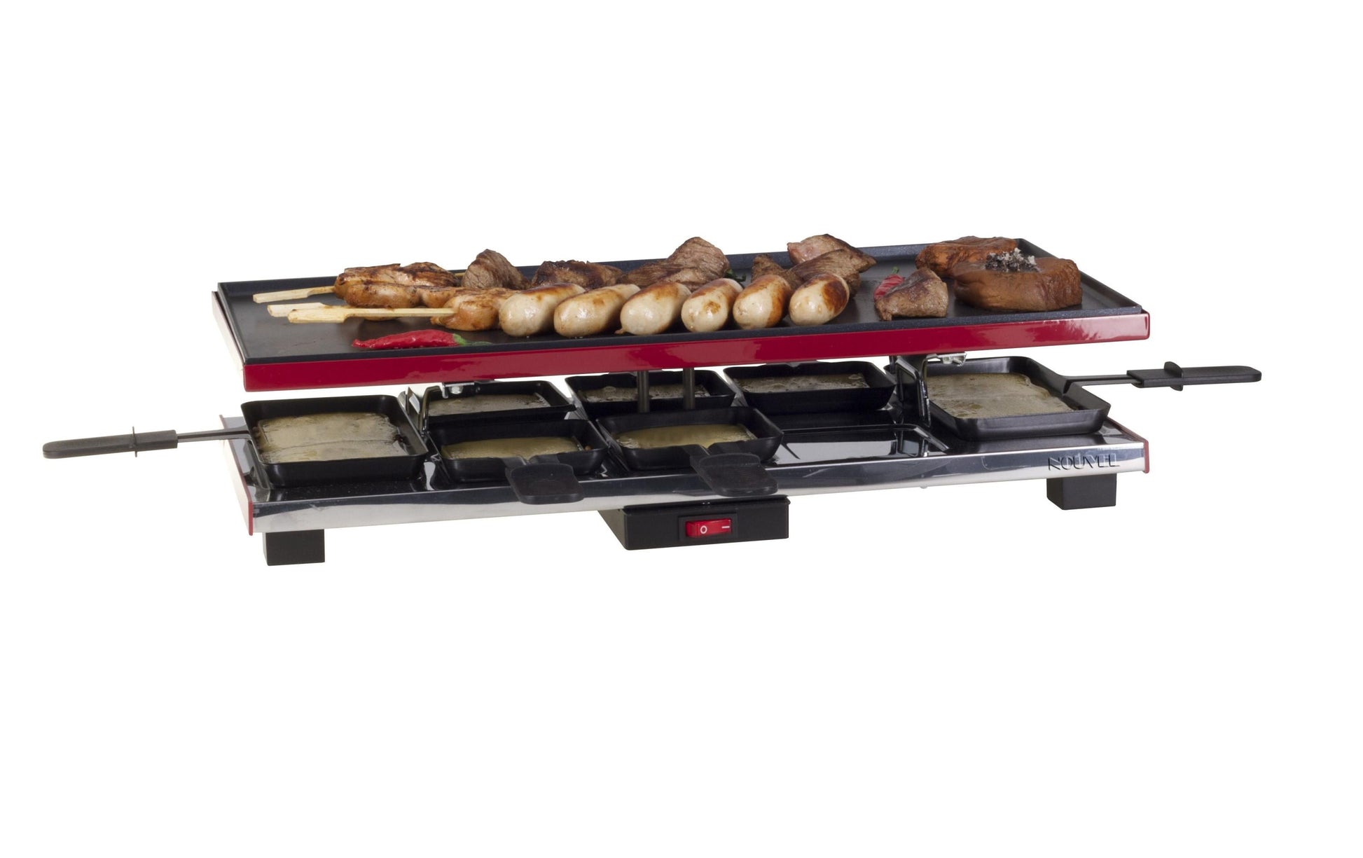 Nouvel Raclette-Gerät 401350 – 8 Personen, Aluguss-Grillplatte, Maxi-Pfännchen, 1400 W – Schwarz/Rot