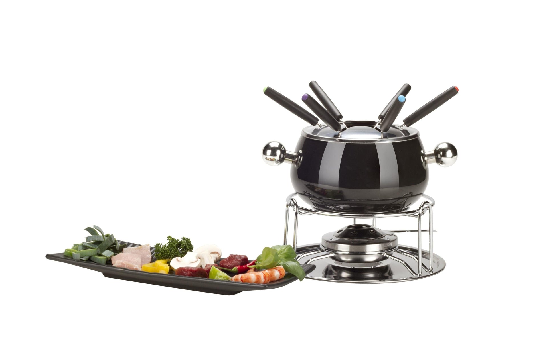 Nouvel Fondue Chinoise-Set 9-teilig, für 6 Personen – mit Pastenbrenner, Stahl-Emaille, für Gas, schwarz