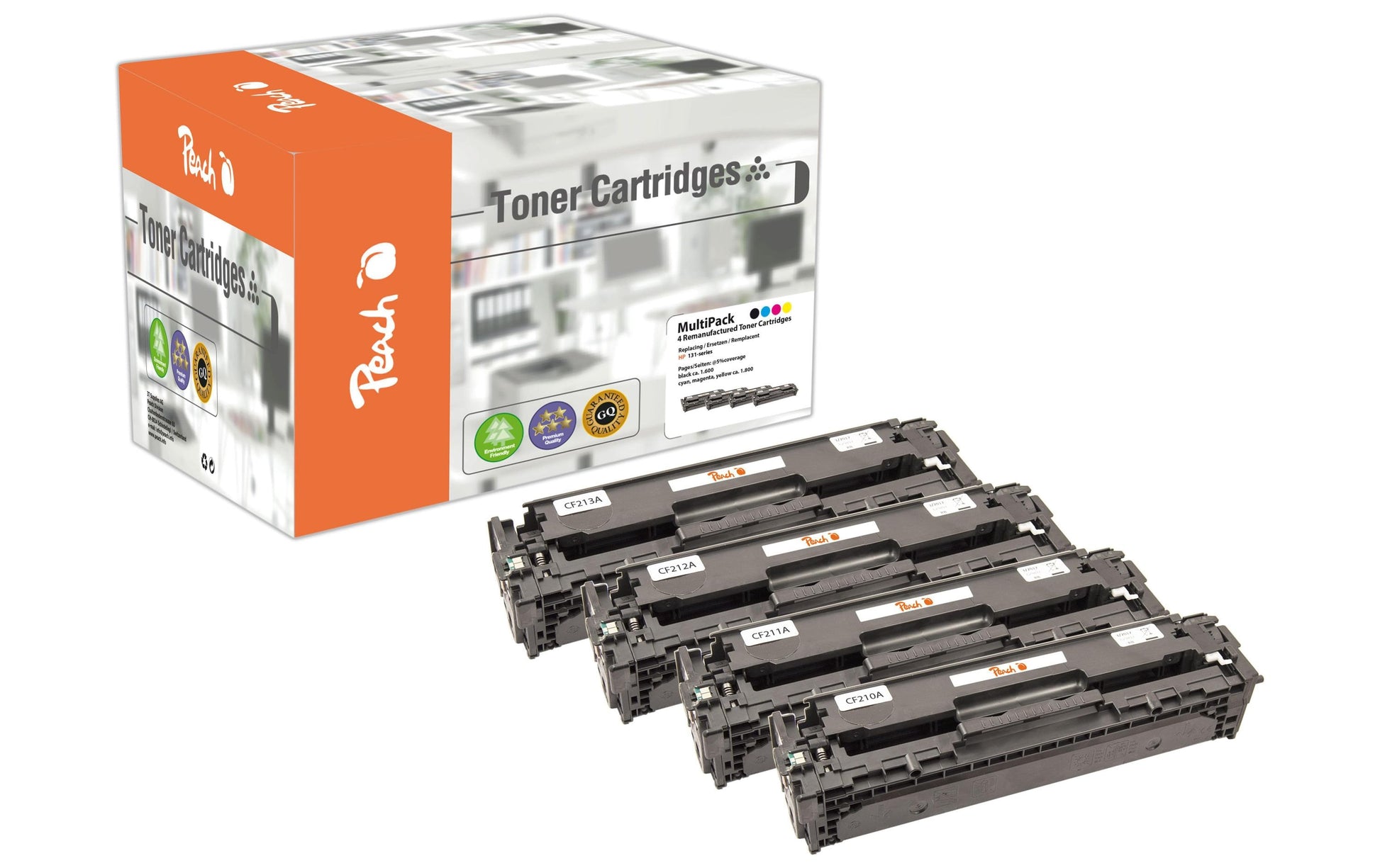 Peach Toner-Multipack CF21A – BK/C/M/Y, schwarz 1600, C/M/Y 1800 Seiten – für HP LaserJet Pro 200 Serie