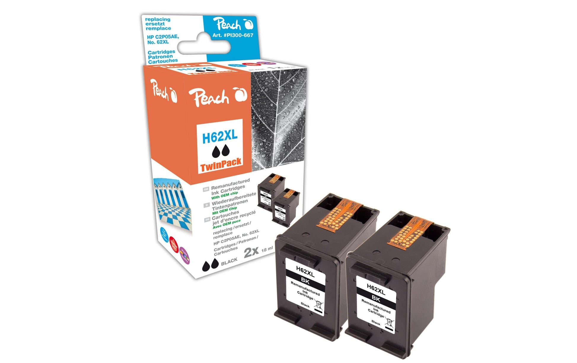 Peach Tintenpatronen-Multipack 62XL (C2P05AE), schwarz, XL, kompatibel – für HP Envy 5540 und andere