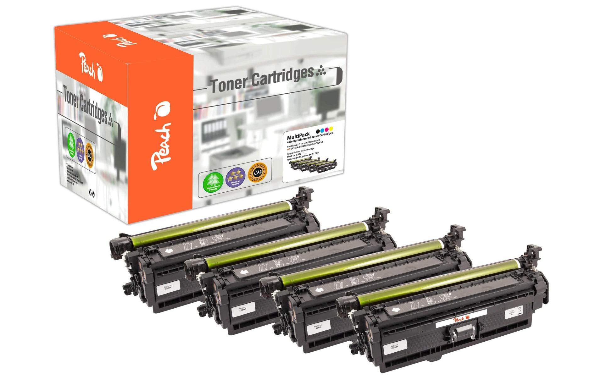 Peach Toner-Multipack – BK/C/M/Y, 11000 Seiten – für HP Color LaserJet CP 4500 Serie, CP 4520 dn und andere