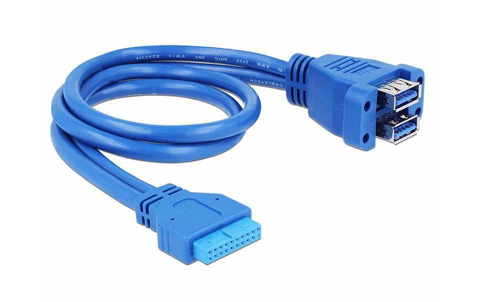 DeLOCK USB-Kabel – USB 3.0 Pinheader auf 2 x USB-A Buchse – USB 3.2 Gen 1 (5 Gbit/s) – 0,45 m – Blau