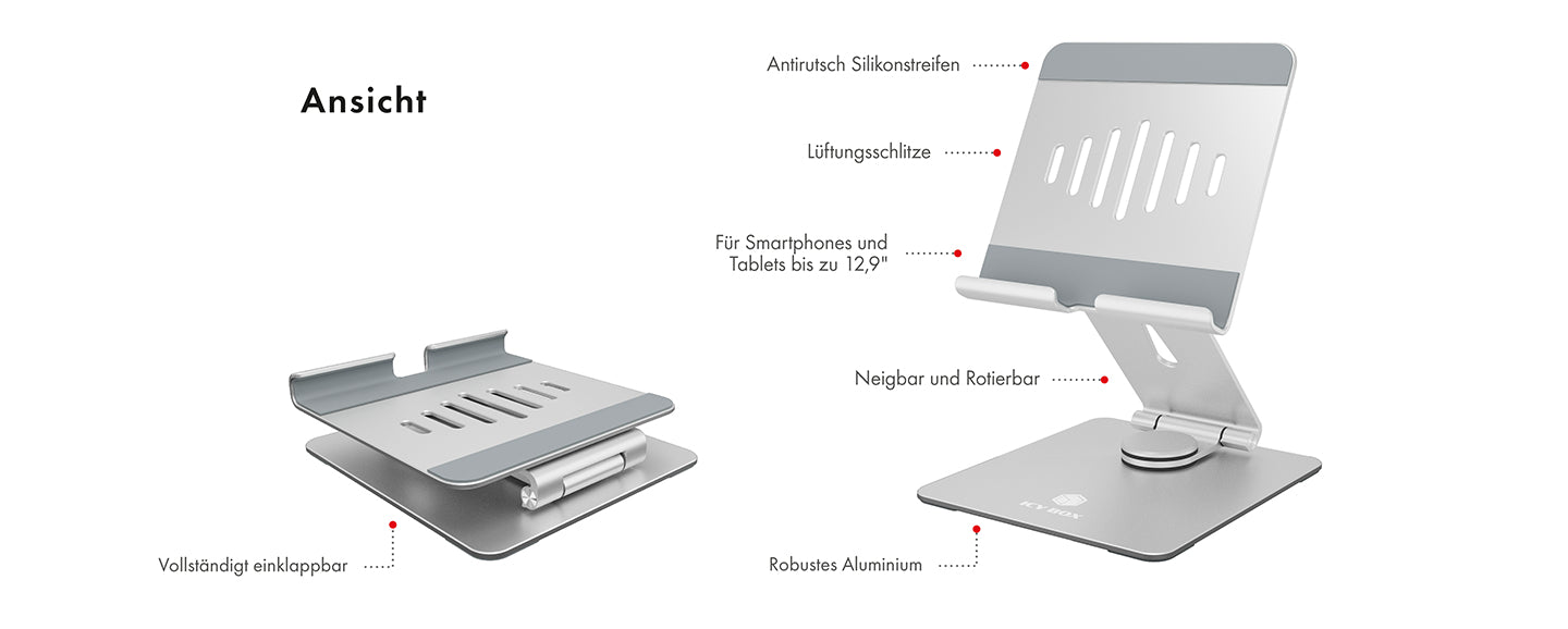 ICY BOX Tablet-Ständer – für Tablets bis 12,9" – drehbar, faltbar – Aluminium