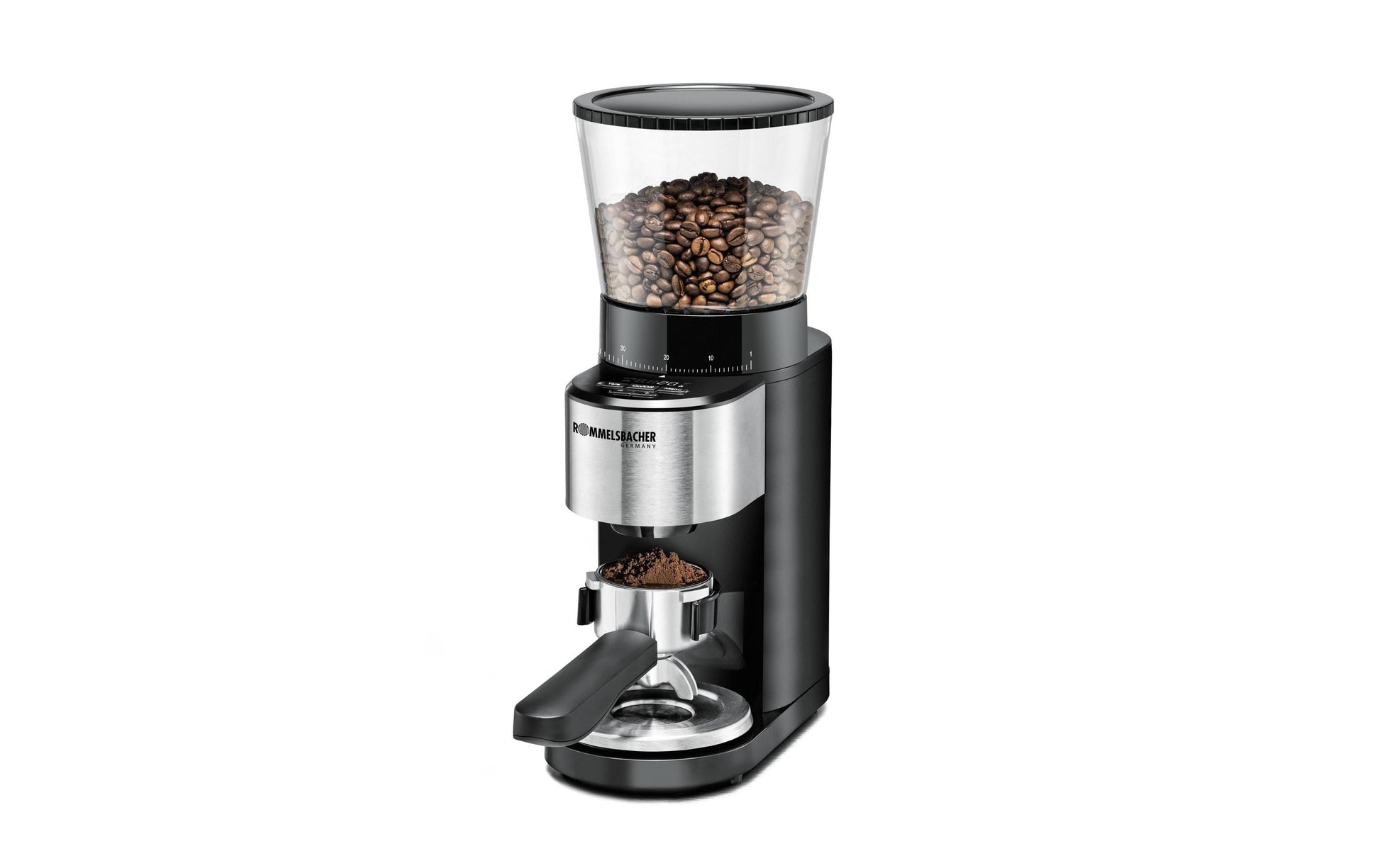 Rommelsbacher Kaffeemühle EMK500 – Kegelmahlwerk, 400 g, LED-Display, Schwarz