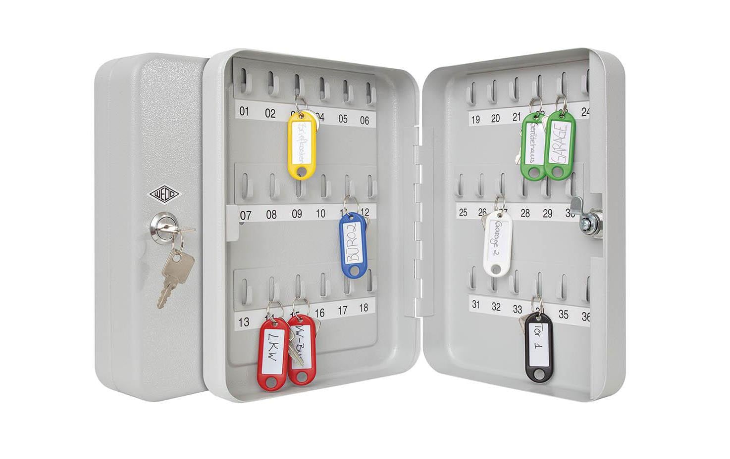 Wedo 102 53637X – Schlüsselschrank, für 36 Schlüssel, Zylinderschloss, Stahlblech, Grau, 180 × 60 × 250 mm