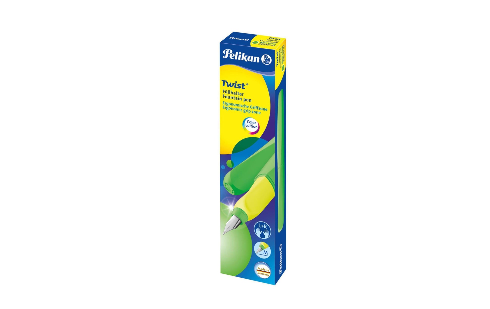 Pelikan Twist – Federspitze M – für Rechts- & Linkshänder – Neongrün, Blau – Patronen