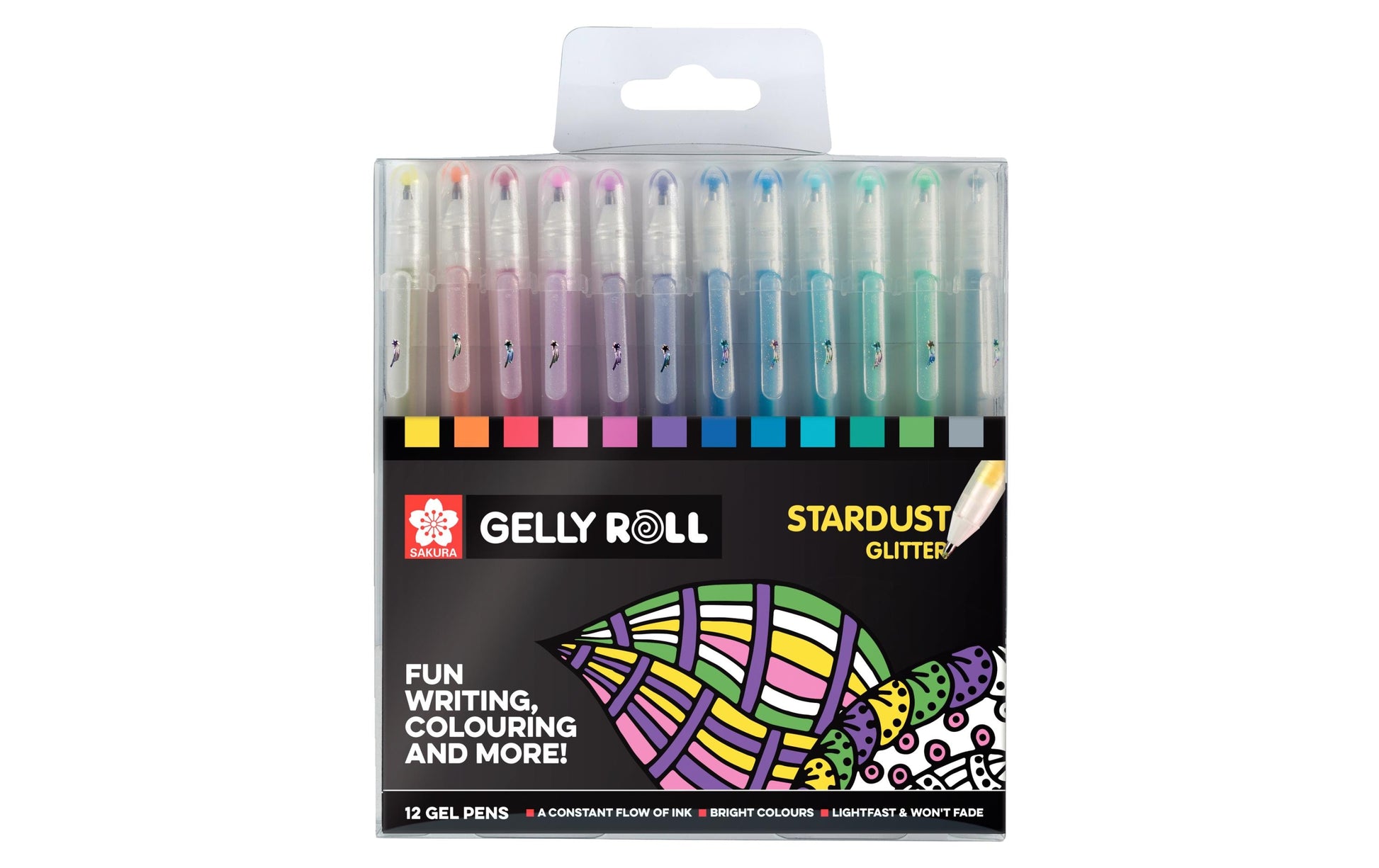 Sakura Stardust Glitzer Gelschreiber 12er Set – 12 Farben, 0,5 mm, Kappe, schnelltrocknend, für dunkles Papier