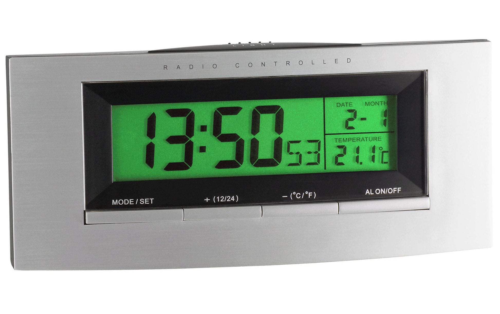 TFA-Dostmann TFA Dostmann Digitalwecker – Funk, Schlummerfunktion, Thermometer, 14 × 6,3 × 3,8 cm, Silber