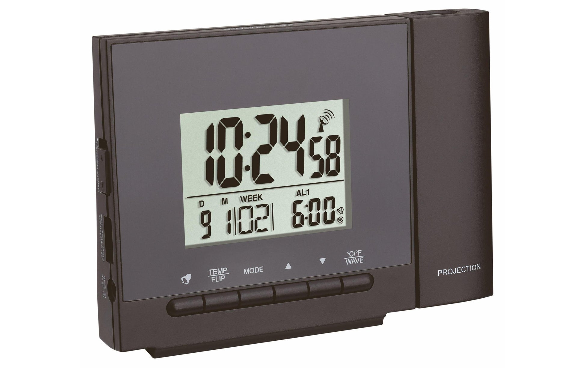 TFA-Dostmann TFA Dostmann Projektionswecker – Funk, Thermometer, USB, 12,6 × 9,3 × 5,3 cm, Schwarz, Kunststoff