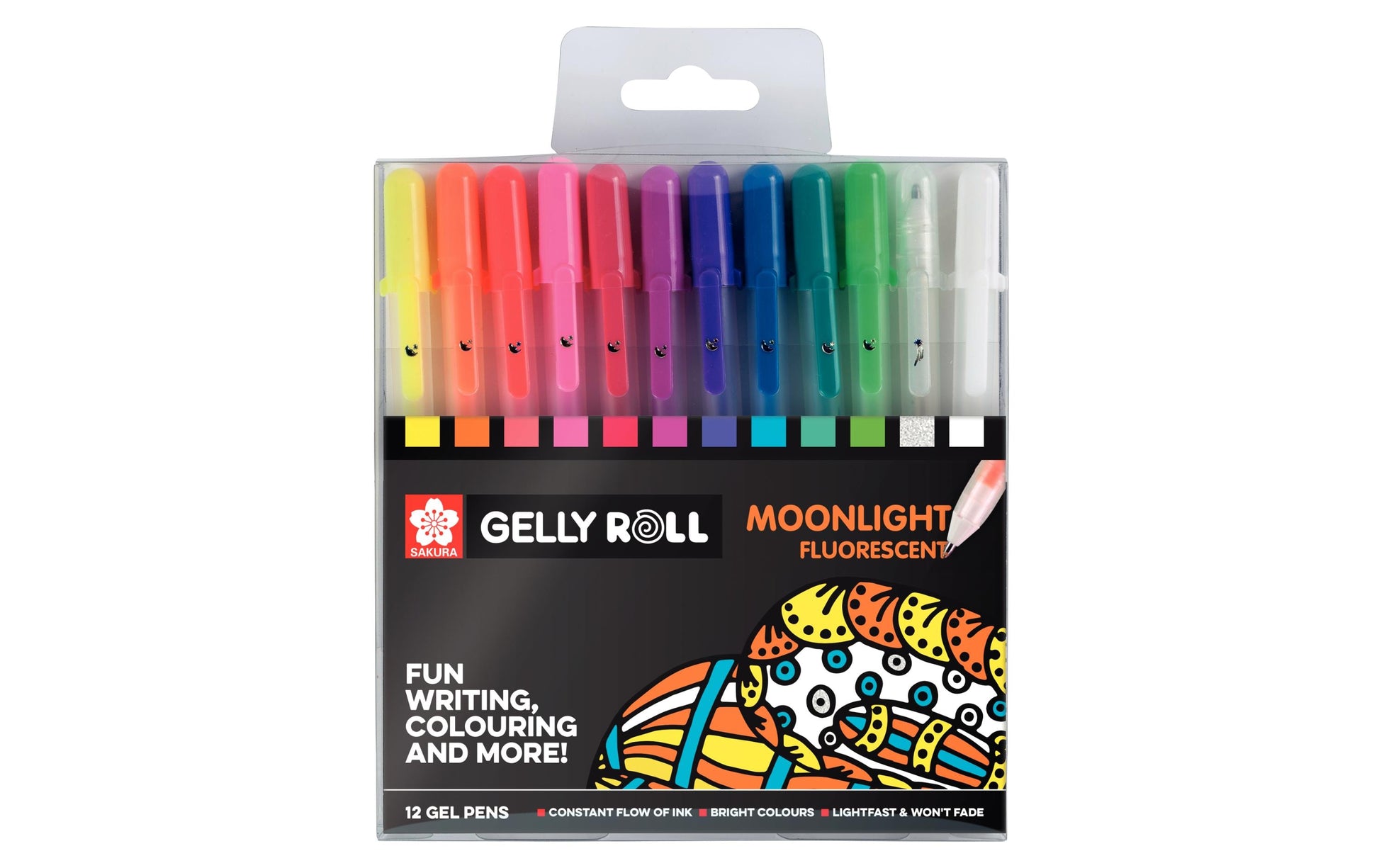 Sakura Moonlight Fluoreszierender Gelschreiber 12er Set – 12 Farben, 0,5 mm, für dunkles Papier, Kappe