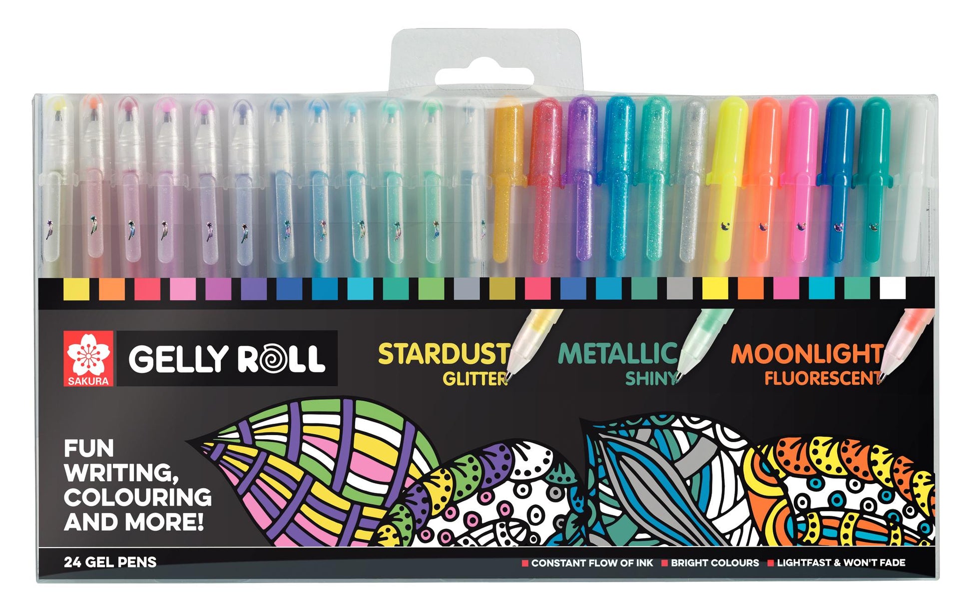 Sakura Gelschreiber 24er Set – 24 Farben, 0,5 mm, lichtbeständig, schnelltrocknend, für dunkles Papier, Kappe