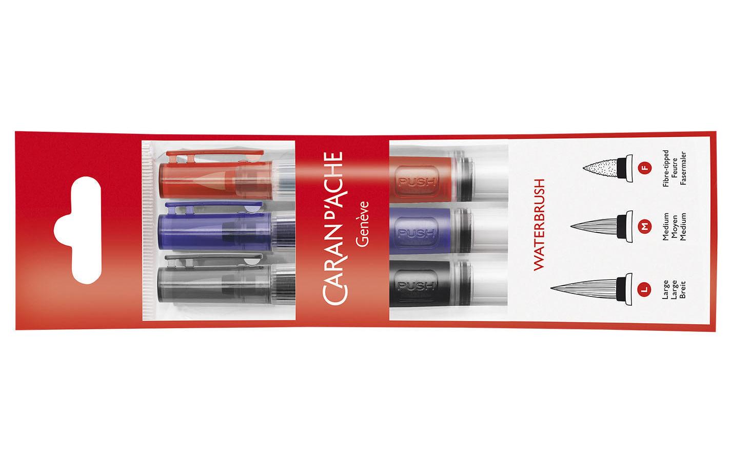 Caran d-Ache Caran d'Ache Aquarellpinsel – rot, blau, schwarz, Länge 140 mm, 3er-Pack, ab 3 Jahren, mit Wasserreservoir