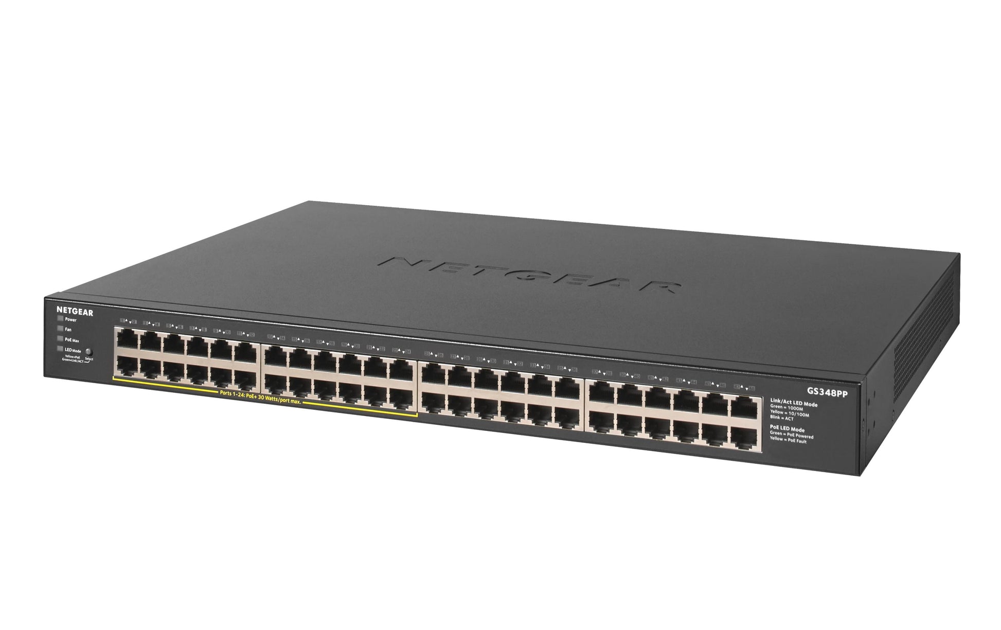 NETGEAR GS348PP – Switch – 48×GbE, 24×PoE+ 380 W, 19" Rack, Schwarz