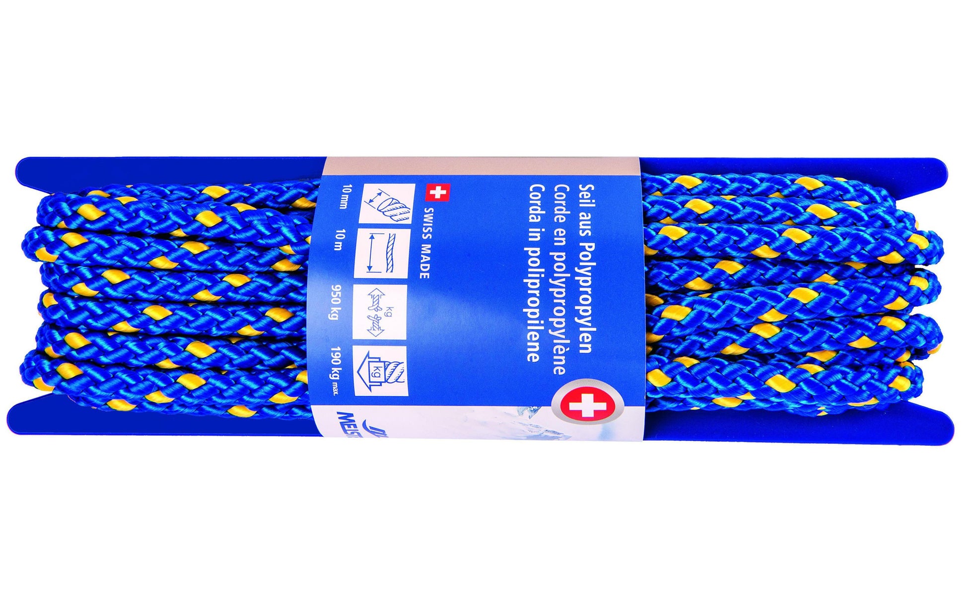 Meister & Cie Kordel Polypropylen, blau/gelb Ø 10 mm × 10 m, Mindestbruchkraft 9550 kg