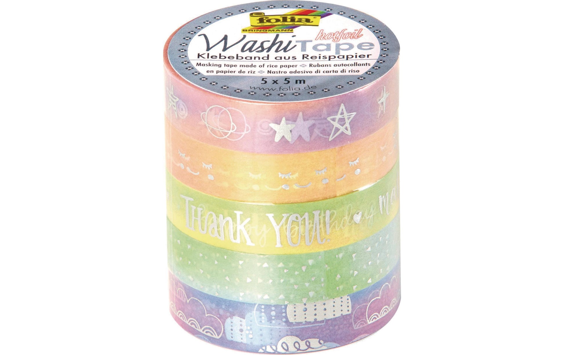 Folia Washi Tape Heissfolienveredelung selbstklebend – mehrfarbig – 1,0 × 500 cm, 5 Rollen